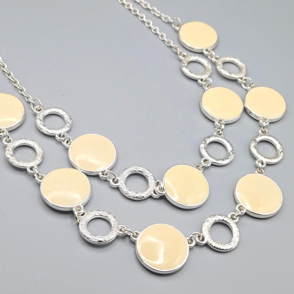 Gloria Vanderbilt‎ Cream Enamel Necklace Two-Strand Silver Tone Textured Circles